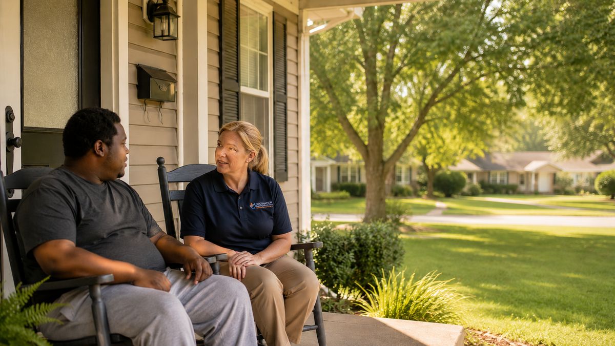 A DHS staff member and a man talking together on the front porch of a neighborhood home