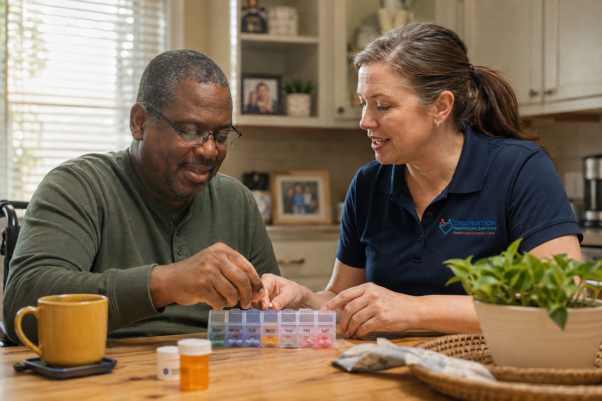 A DHS caregiver helps a person organize their weekly medication at a kitchen table