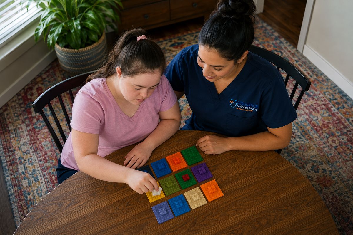A DHS caregiver and a young woman work together on a color-matching learning activity at home